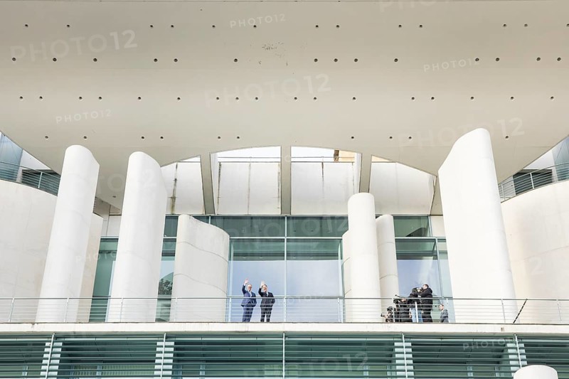 Friedrich Merz (Chancellor of the Federal Republic of Germany, CDU) and Mark Rutte (Secretary General of NATO) wave from the terrace in front of a joint one-on-one meeting at the Federal Chancellery, Berlin, 11 December 2025
