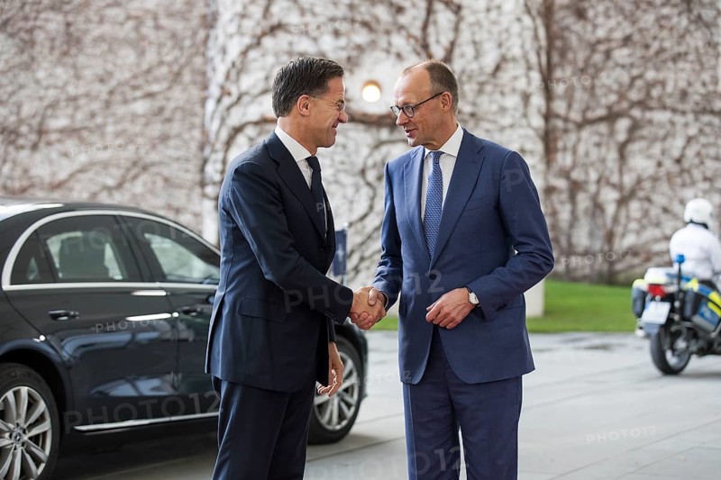 Mark Rutte (Secretary General of NATO) and Friedrich Merz (Chancellor of the Federal Republic of Germany, CDU) greeting each other in front of a joint one-on-one meeting at the Federal Chancellery, Berlin, 11 December 2025