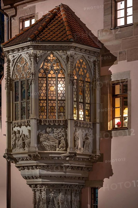 Illuminated Sebalder Choerlein at Sebald-Pfarrhaus, Nuremberg, Middle Franconia, Bavaria, Germany