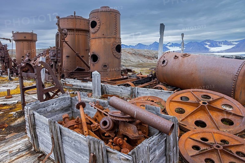Steam engine at abandoned marble quarry Camp Mansfield, Ny London near Ny-Alesund, Blomstrandhalvøya, Kongsfjorden, Svalbard, Spitsbergen, Norway