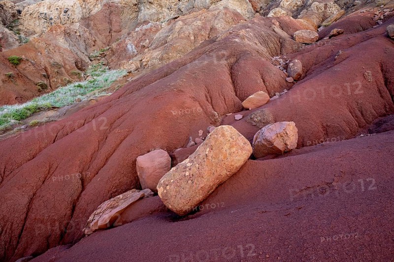 Volcanic soil, colorful soil, red, erosion, near Miradouro da Ponta do Rosto, Madeira, Portugal