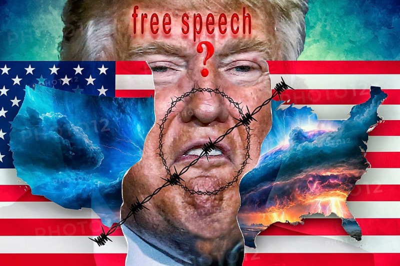 Symbolic image, freedom of speech according to Trump's liking, autocracy, dismantling of the rule of law, US democracy in danger, EU and Germany under political pressure, industry, Donald Trump, tariff threats, Elon Musk, Mark Zuckerberg, social networks, fake news, rights broken, hate, DSG Digital Services Act, reelection, USA, politics, announcements, revenge campaign, wanted dictator, republican, electoral system USA, global threat, lies, 2nd term, global burden, Ukrainian war, White House storm
