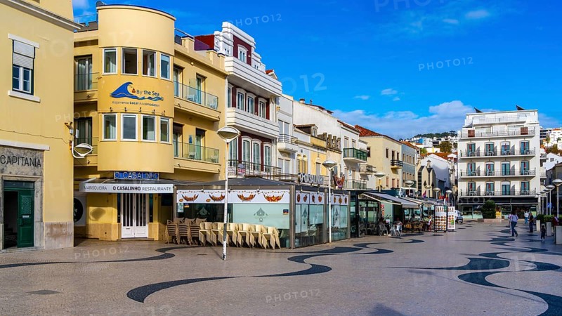 Typical Mediterranean architecture with small narrow streets and streets, Nazare, Portugal