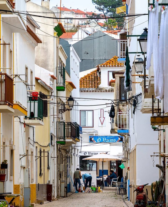 Typical Mediterranean architecture with small narrow streets and streets, Nazare, Portugal