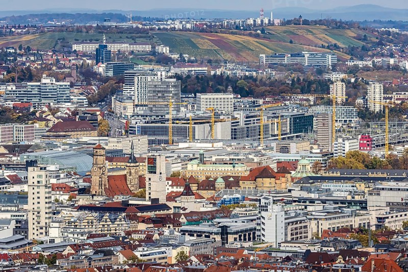 View from Santiago de Chile Square of the city center of the state capital Stuttgart with buildings, architecture and sights. Stuttgart, Baden-Württemberg, Germany