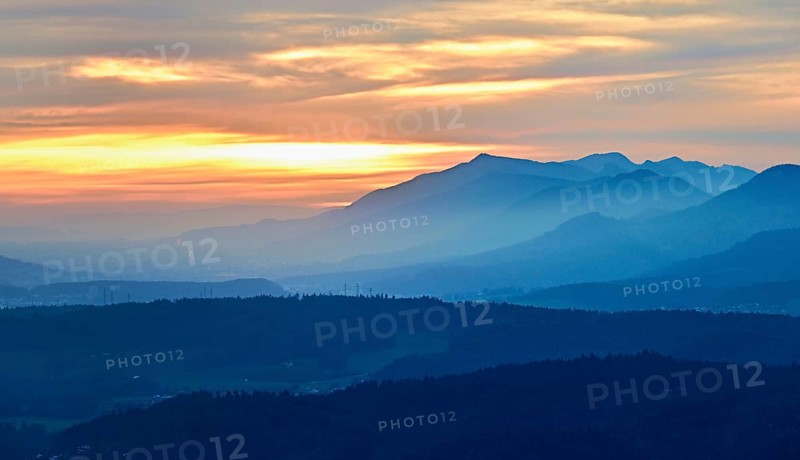 View of the Jura foothills from the Gisliflue, in the light of the setting sun, Talheim, Canton, Aargau, Switzerland