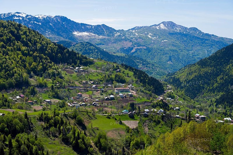 A picturesque village surrounded by alpine hills offers impressive views, village in the Lesser Caucasus on the way to the Goderdzi Pass, Ajara region, Adjara, autonomous republic, Georgia