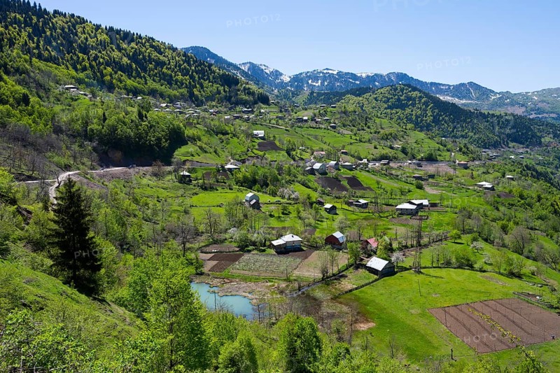 Green hilly landscape with scattered farms and small villages under blue skies, village in the Lesser Caucasus on the way to the Goderdzi Pass, Ajara region, Adjara, autonomous republic, Georgia
