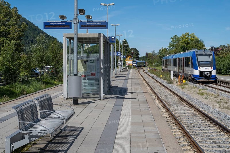 Two local trains on the platform, Bayerische Regiobahn, BRB, Schliersee station, Upper Bavaria, Bavaria, Germany