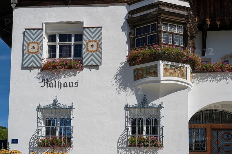 Town Hall, detail of the façade, Schliersee, Upper Bavaria, Bavaria, Germany
