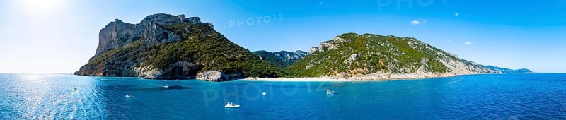 Panorama, picturesque rocky coast, cliffs and Cala Sisine beach, aerial view, Golfo di Orosei, Baunei, Sardinia, Italy