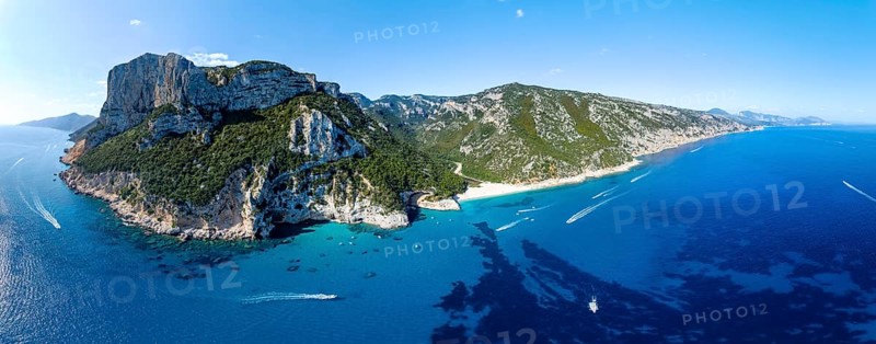 Picturesque rocky coast, cliffs and Cala Sisine beach, aerial view, Golfo di Orosei, Baunei, Sardinia, Italy