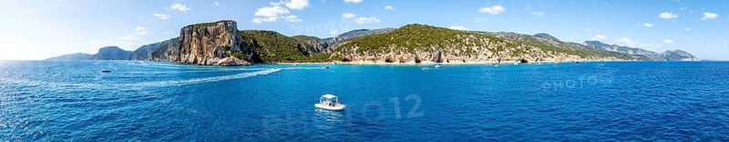 Panorama, picturesque rocky coast, cliffs and Cala Luna beach, aerial view, Golfo di Orosei, Baunei, Sardinia, Italy