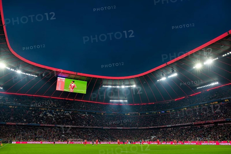 Floodlit game, soccer Bundesliga, blue hour, Allianz Arena, illuminated, Munich, Bayern, Germany