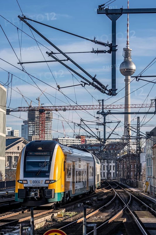 Railway line in Berlin, east of Friedrichstraße station, looking east, Berlin TV Tower, ODEG Zug on the line