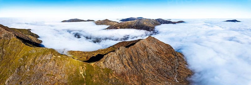 Snowdon Massif from a drone, Snowdon Range, Snowdonia, North Wales, UK