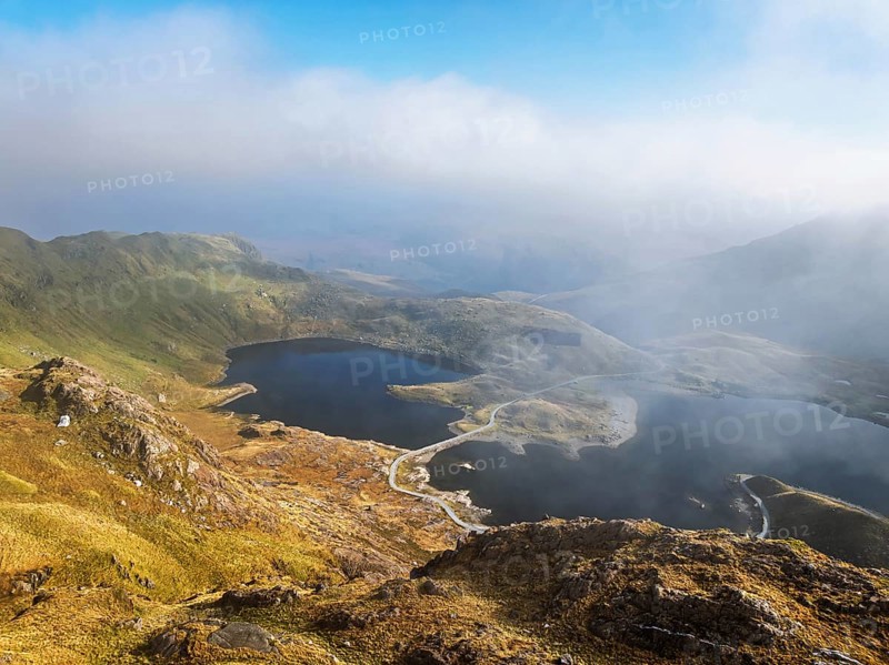 Pyg Track over Llyn Llydaw lake from a drone, Pen-y-Pass, mountain pass, Snowdonia, Gwynedd, north-west Wales, UK