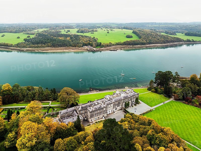 Autumn over Plas Newydd House from a drone, Gardens and Parkland, Llanfairpwllgwyngyll, Anglesey, Wales, UK