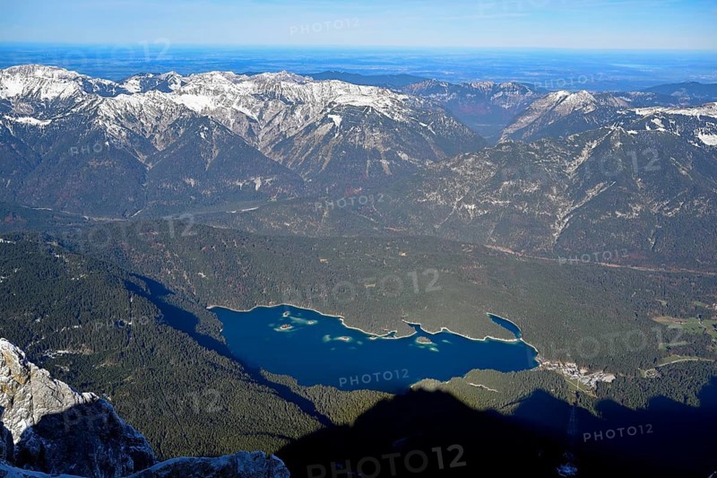 View of Lake Eibsee lake from the mountain station of the Zugspitz cable car (2962 m), Grainau municipality, Garmisch-Partenkirchen district, Bavaria, Germany