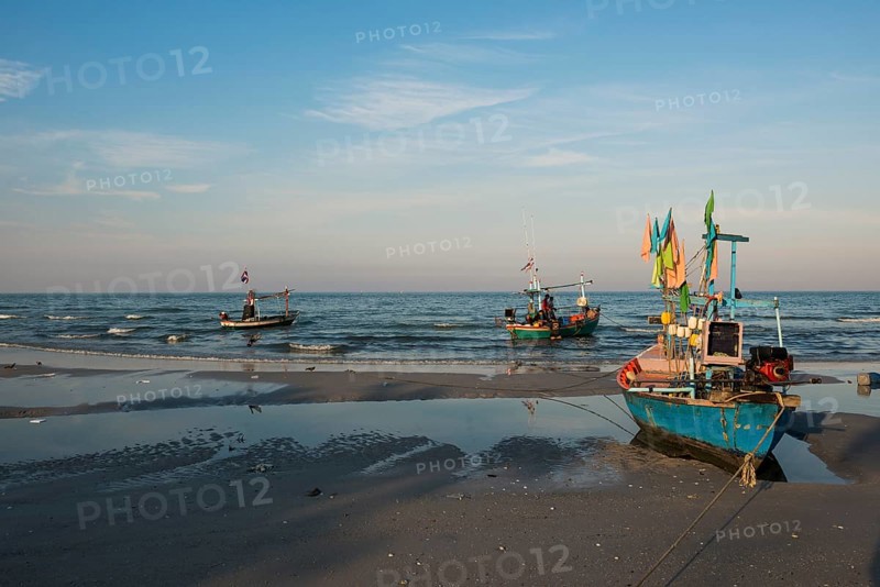 Colorful fishing boats on beach, sunset, Hua Hin, Prachuap Khiri Khan, Central Thailand, Thailand
