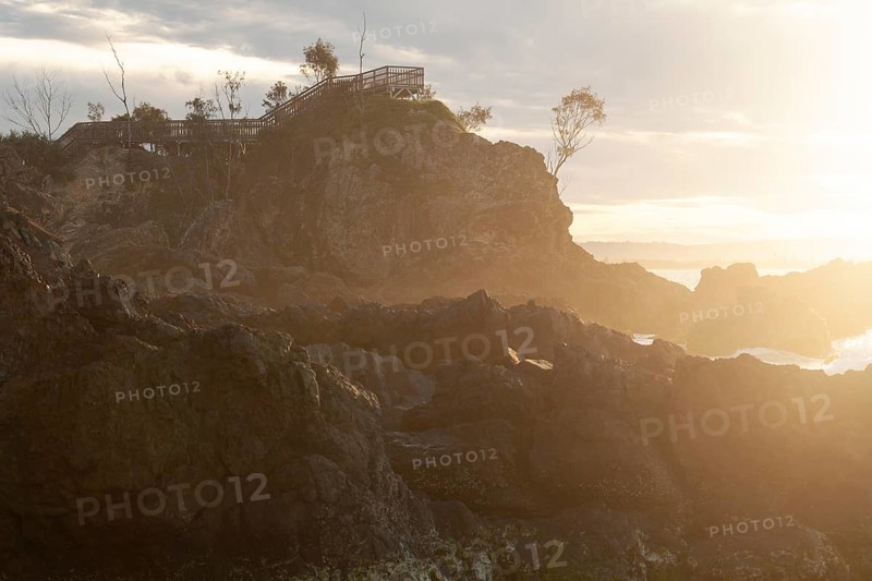 Sunset at Fisherman's Lookout. Dramatic waves and coastal scenery at The Pass, New South Wales, Australia
