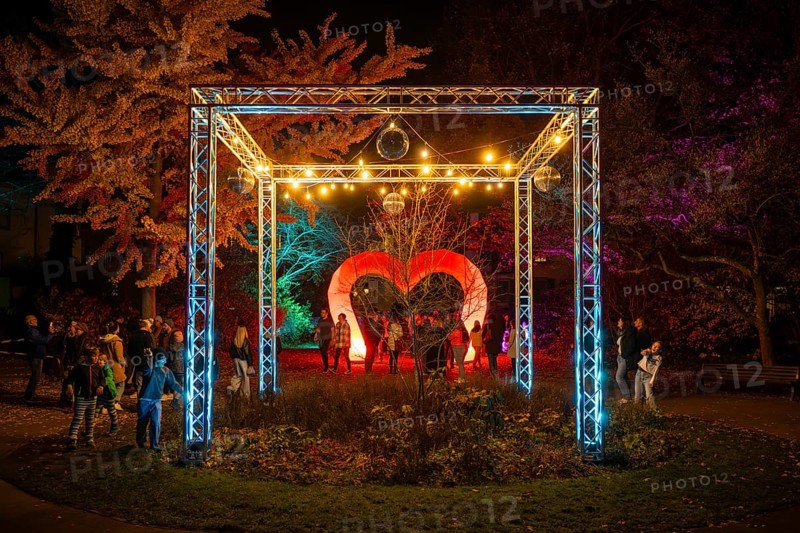 Light art, light installation, illuminated sculptures in the city garden of the city of Radolfzell am Lake Constance, as part of the Radolfzell Lichtblicke event and art campaign, supported by the Ministry of Labour, Economy and Tourism Baden-Württemberg, Konstanz district, Baden-Württemberg, Germany