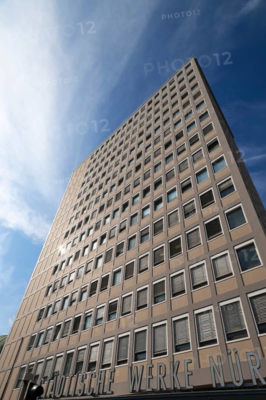 Facade of the heritage-protected Plärrer skyscraper from the 1950s, today EWAG skyscraper, Nuremberg, Middle Franconia, Bavaria, Germany