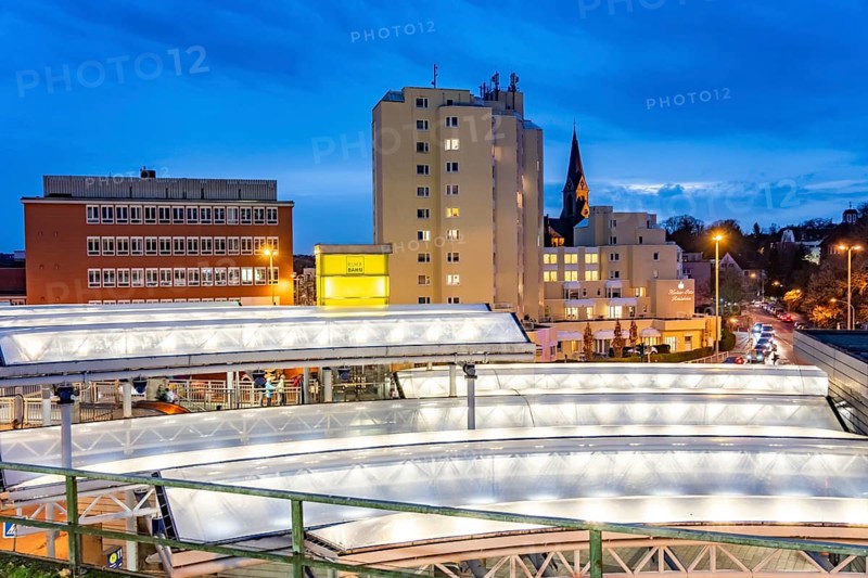 Skyline of Essen-Steele, high-rise building of the Kaiser-Otto-Residenz seniors residence, St. Lawrence, roof of the S-Bahn and bus station, public transport hub Steeler Platz, Essen North Rhine-Westphalia, Germany