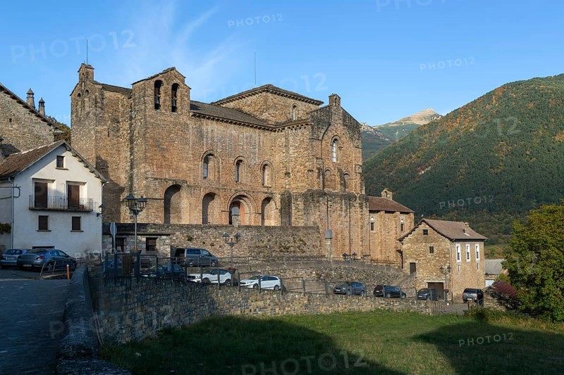 Abbey church building monastery San Pedro de Siresa, Valle de Hecho, Huesca province, Aragon, Spain