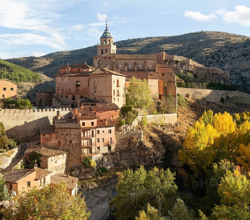 Historic buildings on hillside medieval village of Albarracin, Teruel province, Aragon, Spain