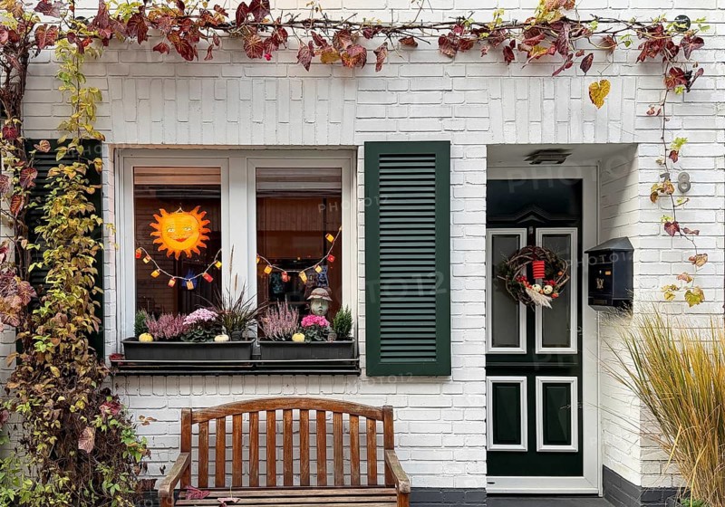 Decorated house façade for the traditional Martin procession in Tiefstraße, Altstadt, Kempen, Lower Rhine, North Rhine-Westphalia, Germany