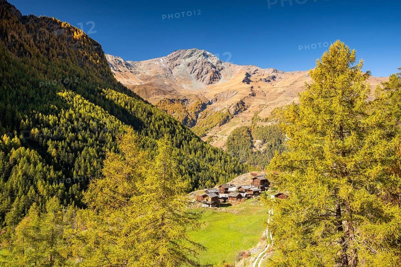 Traditional wooden huts on Alpe near Evolene, Val d'Herens, Canton of Valais, Switzerland