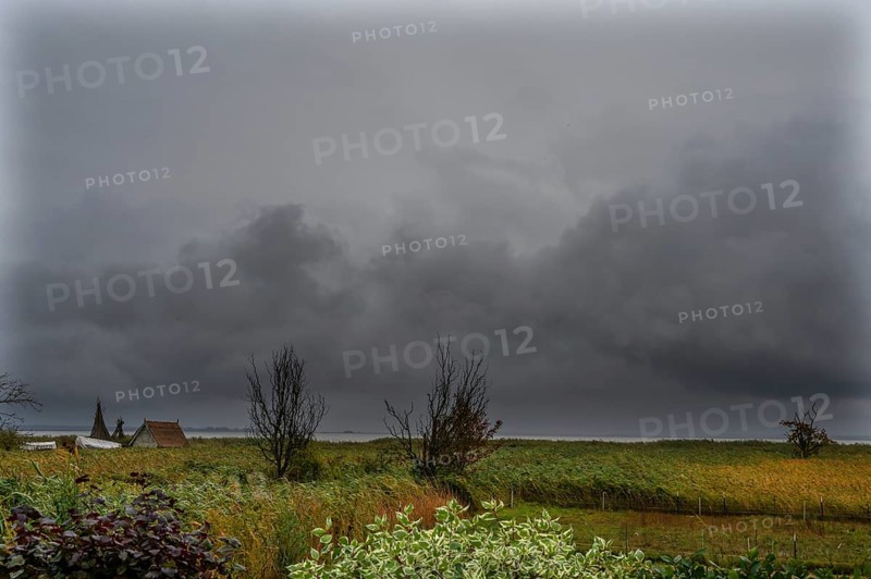 Dark rain clouds (Nimbostratus) over the lagoon, Ahrenshoop, Darß, Mecklenburg-Western Pomerania, Germany