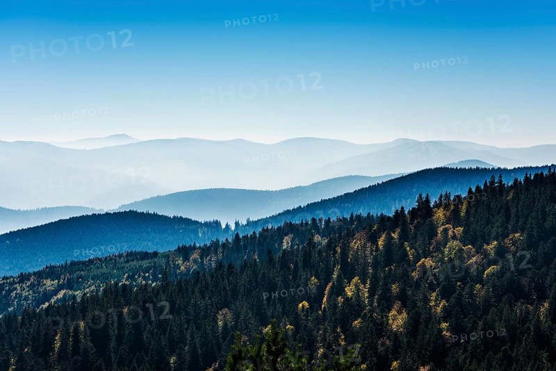 Staggered mountain ranges in haze, at Hohneck, Col de la Schlucht, Vosges, Alsace-Lorraine, Vosges Haut-Rhin Department, France