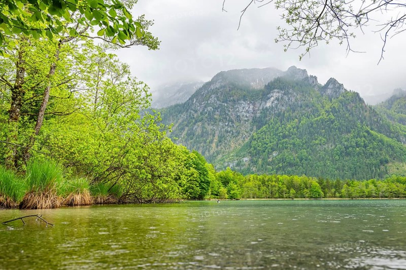Landscape of Lake Offensee on a rainy day in spring, Salzkammergut, Austria