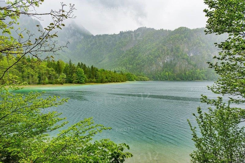 Landscape of Lake Offensee on a rainy day in spring, Salzkammergut, Austria