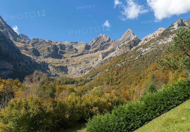 Mountain landscape view Ordesa y Monte Perdido National Park, Bielsa parador, Huesca province, Aragon, Spain