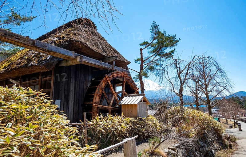 Iyashinosato open-air museum, old Japanese village with traditional houses, at the back volcano Mt. Fuji, Fujikawaguchiko, Saiko, Japón