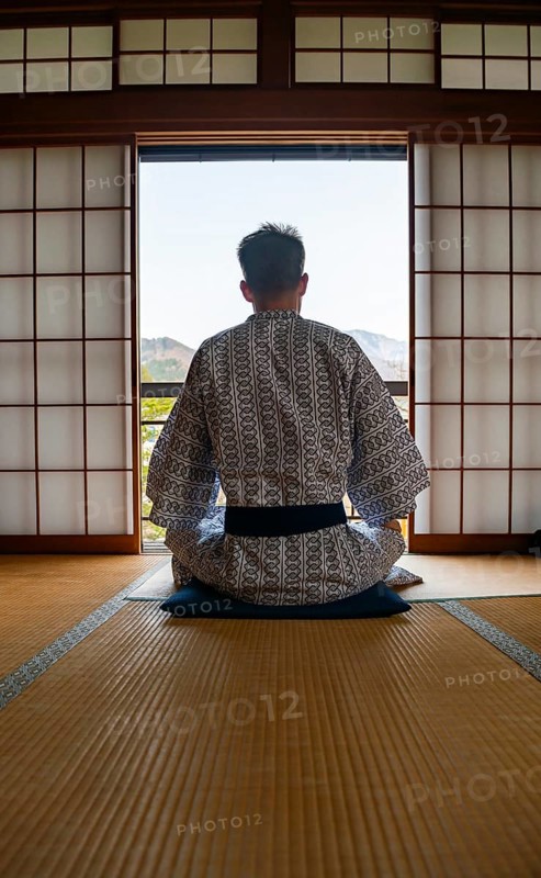 Young man wearing kimono sitting in traditional Japanese living room with tatami mats and shoji sliding doors, from behind, Yamanouchi, Nagano, Japan