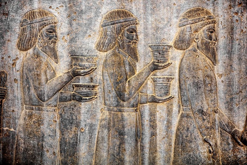 Relief detail of the delegation of peoples bringing gifts to Darius on the stairs of the Apadana Palace, Persepolis