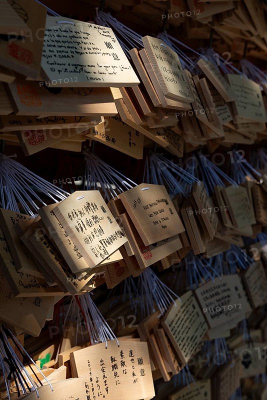 Ema, small wooden tablets with wishes and prayers, hung so that the Kami spirits or gods can receive them, Meiji Jingu, Meiji Shrine, Shinto Shrine, Yoyogi Park, Shibuya, Tokyo