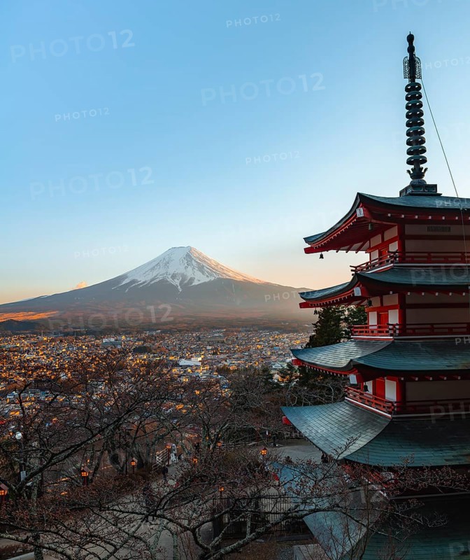 Five-story pagoda of a Shinto Shrine, Chureito Pagoda, with views of Fujiyoshida City and Mount Fuji volcano at sunset, Arakura Fuji Sengen Shrine, Arakurayama Sengen Park, Yamanashi Prefecture, Japan