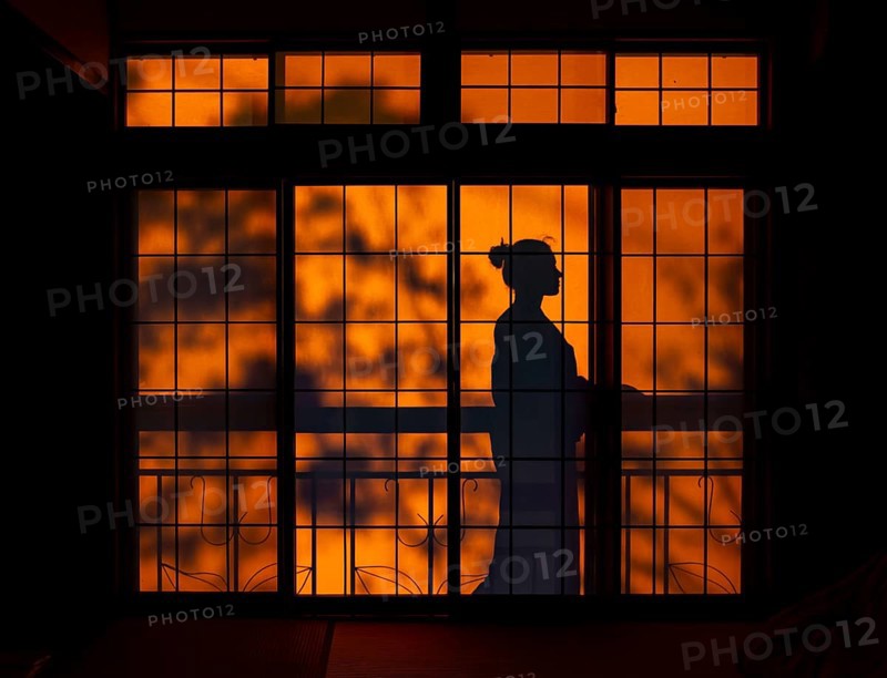 Shadows of a woman in kimono, on the balcony behind sliding shoji doors in a traditional Japanese house, Yamanouchi, Nagano, Japan