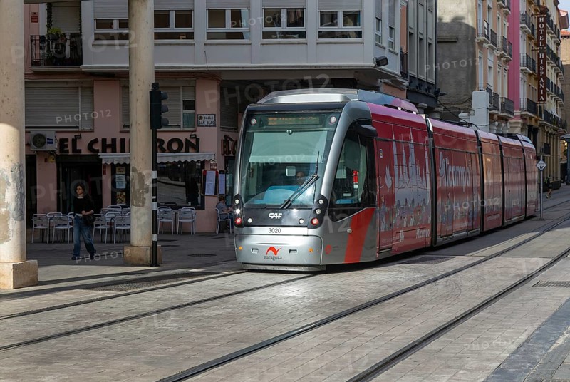Light rail tram city public transport system CAF Urbos 3 trams, Tranvía de Zaragoza, Zaragoza, Aragon Spain