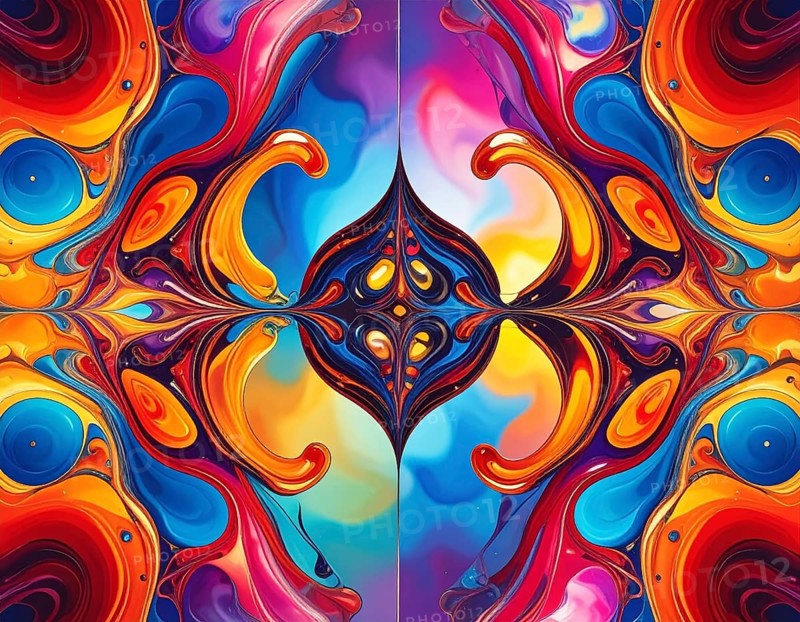 Symmetric Abstract Bright Liquid Ornament Background, futuristic wallpaper template illustration, vibrant blue and green neon hues, AI generated