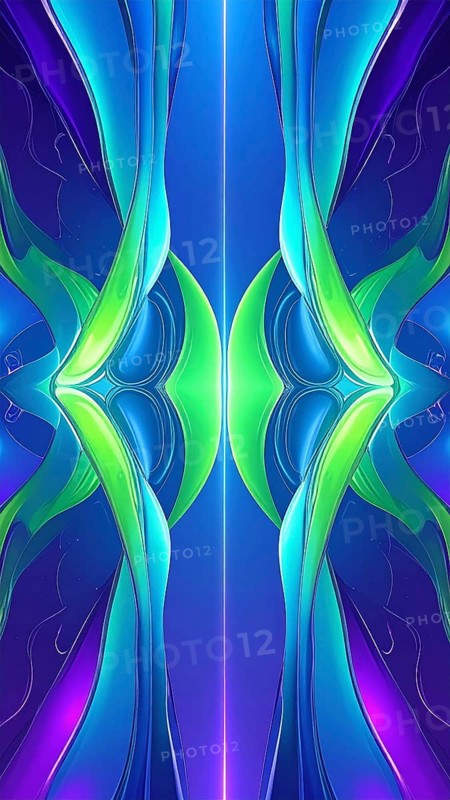 Symmetric Abstract Bright Liquid Ornament Background, futuristic wallpaper template illustration, vibrant blue and green neon hues, AI generated