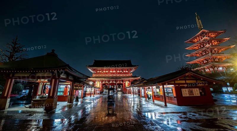 Illuminated five-story pagoda and Hozomon treasure chamber gate of Asakusa Shrine or Senso-ji Temple, at night, Buddhist temple complex, Asakusa, Tokyo, Japan