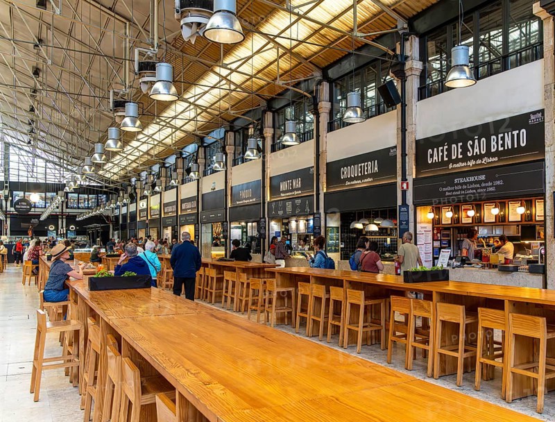 The Mercadeo da Ribeira, also known as TimeOut Market, is the best address for Portuguese specialties and international cuisine. Historic market hall at Cais do Sodré station, Lisbon, Portugal