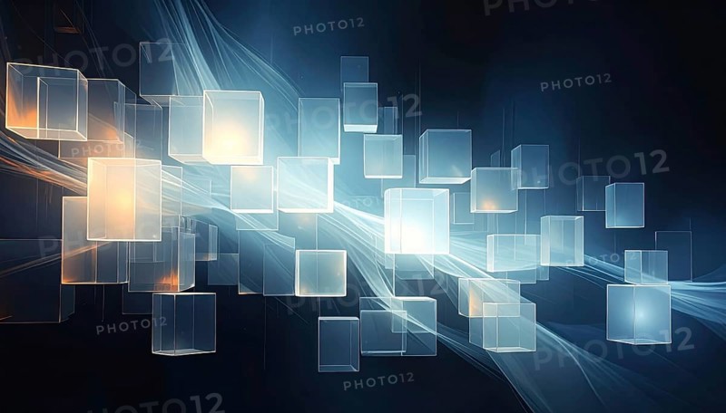 Abstract animation, glass cubes on black background, modern business wallpaper illustration, AI generated