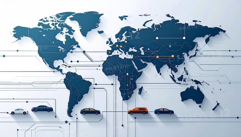 Abstract visualization of global rare earth supply network feeding EV industry, world map design, tech aesthetic, clean lines, rare earth for electric vehicles, AI generetaed, AI generated